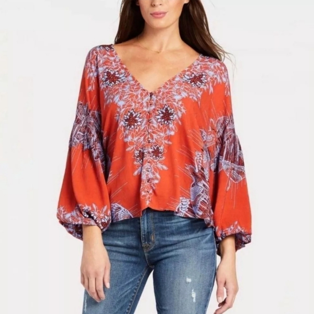 Free People Women's Medium Orange Blue Floral Print Top Tunic Birds of a Feather